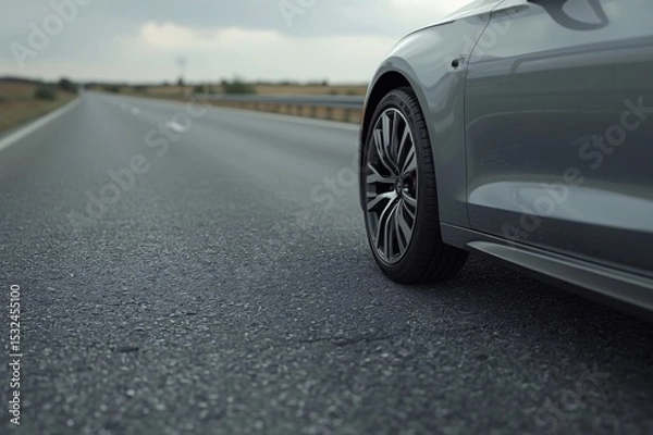 Fototapeta Start of Motion,Car body, Single tire, Floating perspective, Grey road, START text, Blurry sky, Cloudy background, Realistic lighting, Uniform lighting, Photorealistic detail, High resolution, 8K rend