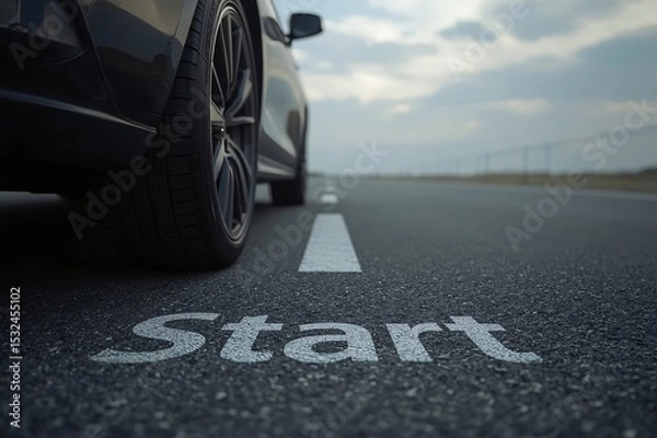 Fototapeta Start of Motion,Car body, Single tire, Floating perspective, Grey road, START text, Blurry sky, Cloudy background, Realistic lighting, Uniform lighting, Photorealistic detail, High resolution, 8K rend
