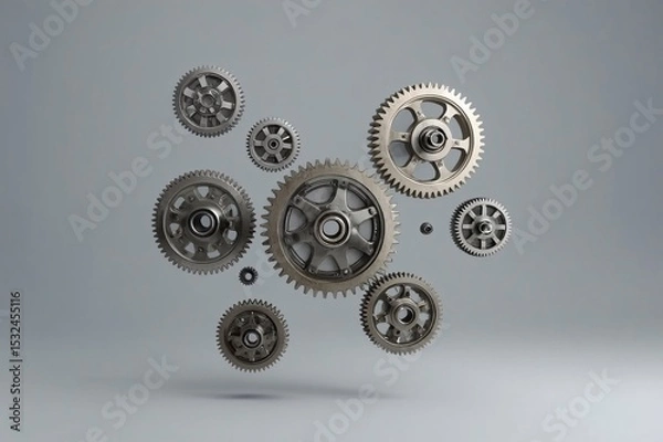 Fototapeta Gear assembly, Floating gears, Mechanical parts, Metallic gears, Precision engineering, Industrial design, Photorealistic gears, High detail gears, Gear teeth, Mechanical components, Metal texture, Re