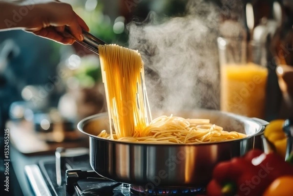 Obraz Steaming spaghetti in a pot, held by tongs, with veggies nearby on the stove. Use this food image for recipes, cooking blogs, or Italian restaurant menus.