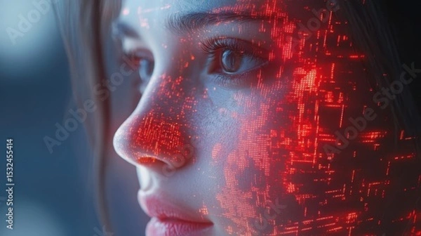 Obraz Young woman's face is overlaid with a red, glowing circuit board pattern. Use for concepts about AI, tech, future, and human-machine interaction.