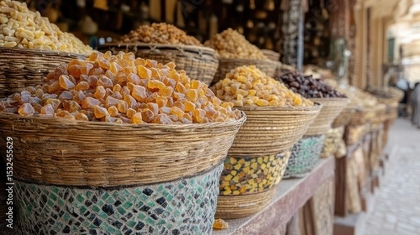 Obraz Dried fruit and nuts are displayed in baskets at a Middle Eastern market. Use this for travel blogs, food content, or cultural exploration articles.