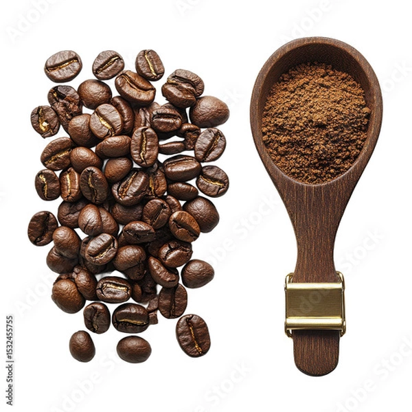Obraz Pile of beans next to a spoon filled with powder form on transparent background