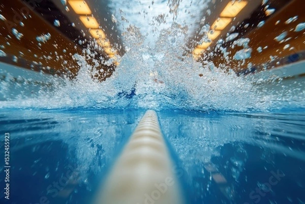 Obraz Underwater shot of a pool lane with water splashing above the surface. Ideal for sports, fitness, recreation, or swimming related themes.