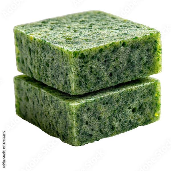 Obraz Two green porous cubes stacked atop each other closely on transparent background