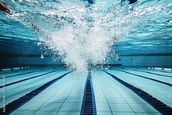 Obraz Underwater shot of a swimming pool with bubbles rising to the surface. Perfect for illustrating sports, leisure, and aquatic activities.
