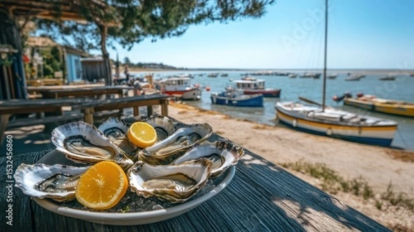 Obraz Fresh oysters with lemon on ice plate, with beach and sea background. Use this for summer vacation, travel, food, and seafood advertisement.