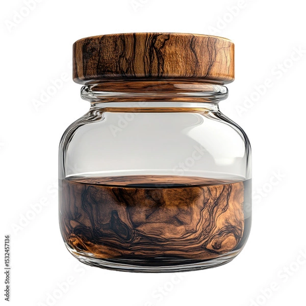 Obraz Clear jar with liquid and a wooden lid close up shot on transparent background