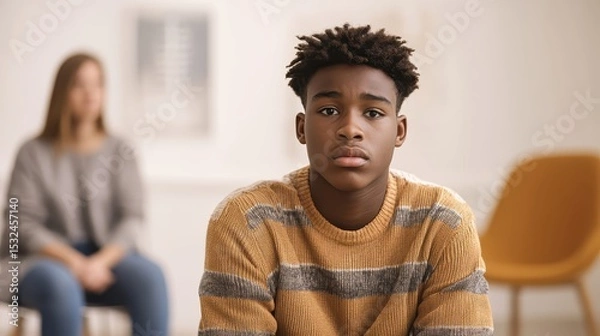Obraz Worried African-American teen in therapy with a blurred woman in the background. Showcase mental health, family issues, and the importance of getting help.