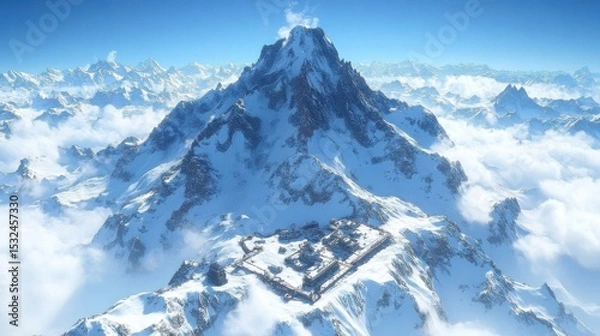 Fototapeta Majestic Snowy Mountain Peak Landscape with Cloudscape Aerial View