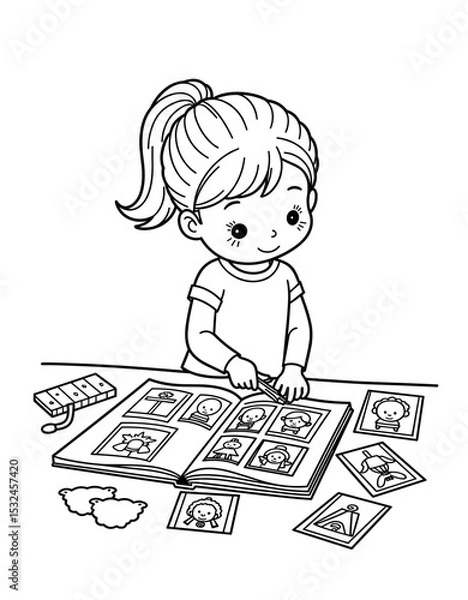 Obraz Young girl making a collage with cutouts and photos at the table - Concept of Back to School - coloring page for kids 5 - 8 years old  