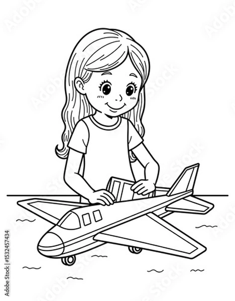 Obraz Young girl gluing paper airplane model while smiling in a playful setting  