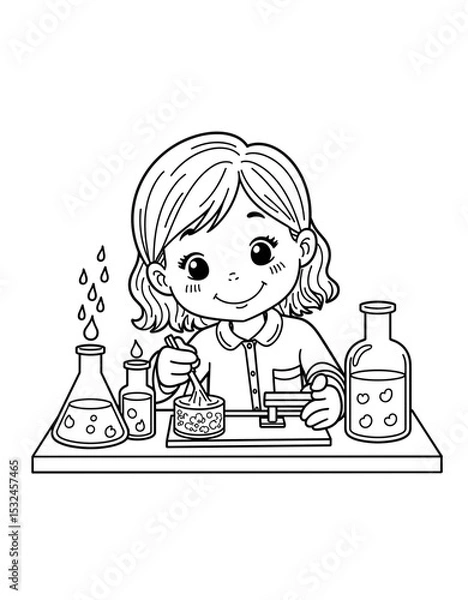 Obraz Girl mixing liquids in test tubes while smiling in a science lab - coloring page for kids 5 - 8 years old  