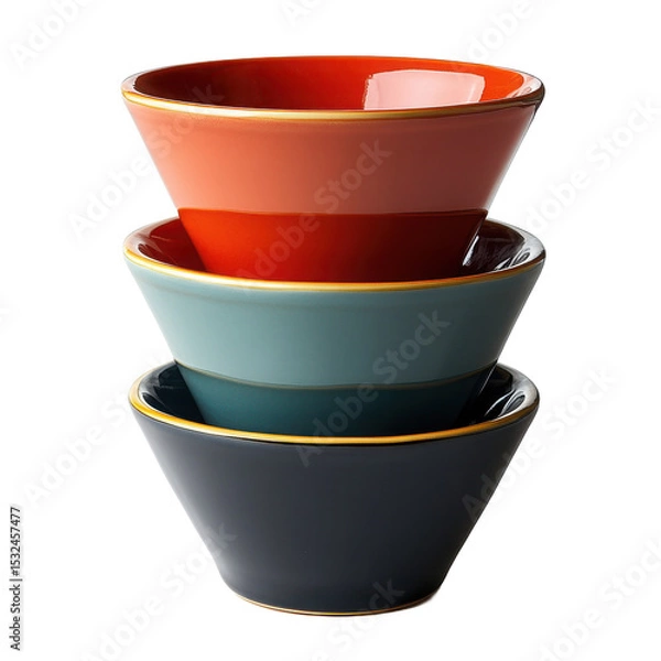 Obraz Stack of three bowls in different colors with gold trim on transparent background