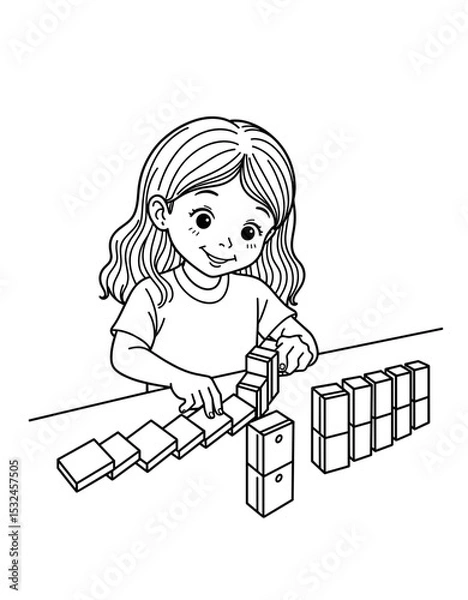 Obraz Girl setting up domino chain reaction while smiling at a table  