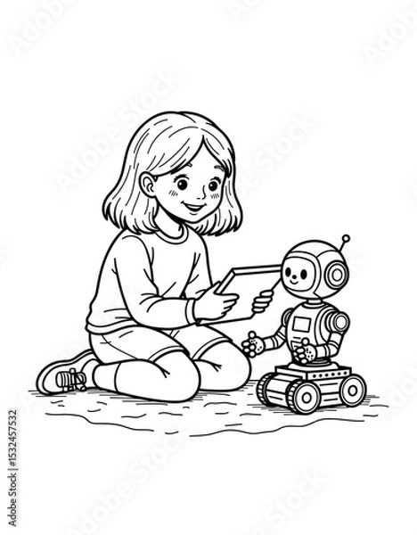 Obraz Young girl programming robot with tablet during creative playtime - coloring page for kids 5 - 8 years old  