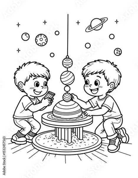 Obraz Two boys assembling a solar system model for Back to School - coloring page for kids 5 - 8 years old  