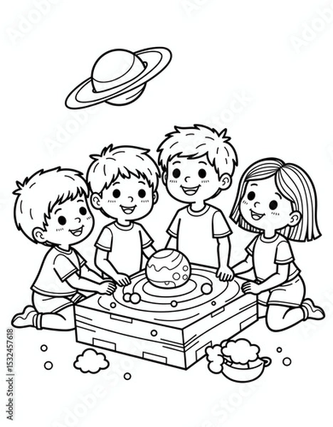 Obraz Children building a solar system model together for Science Projects and Crafts