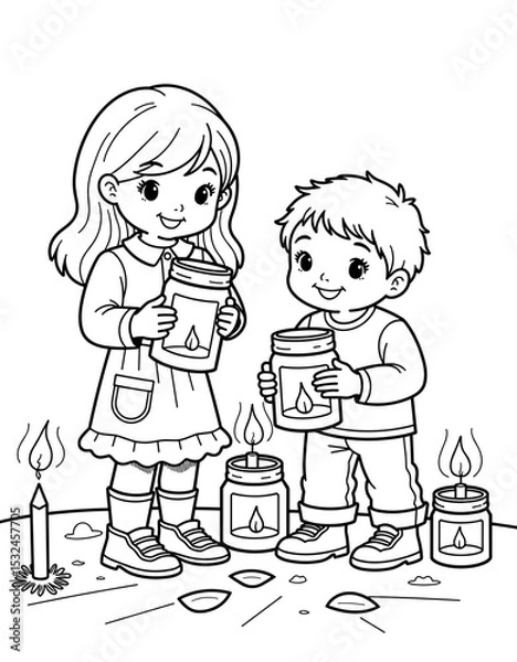Obraz Children making lanterns with jars and candles for Science Projects and Crafts  