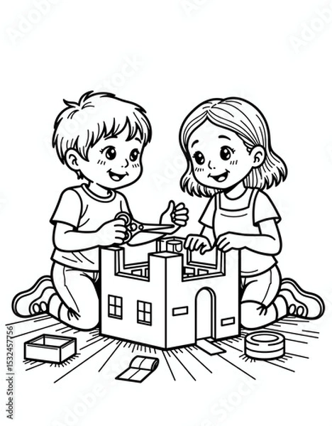 Obraz Two children building a cardboard castle model while smiling - Back to School - coloring page for kids 5 - 8 years old  