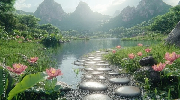 Fototapeta Calm Lake with Stone Path Lotus Flowers Mountains and Sunlight Scenery