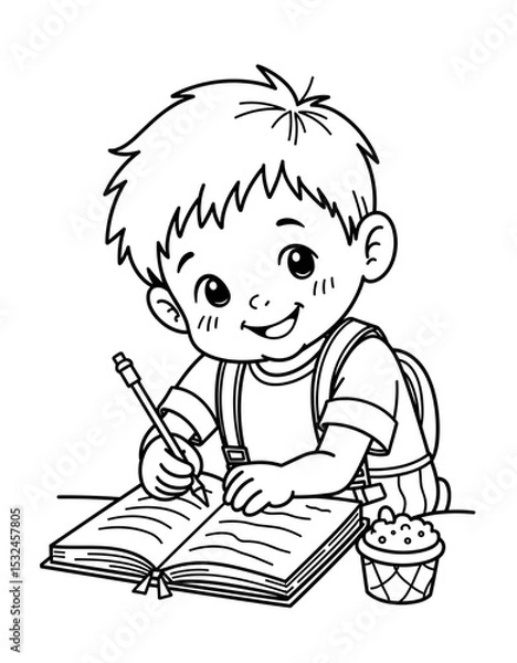 Obraz Young boy happily writing in personal achievement journal with snacks - Concept of Back to School - coloring page for kids 5 - 8 years old  