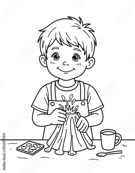 Obraz Young boy creating a paper volcano with baking soda for science projects  