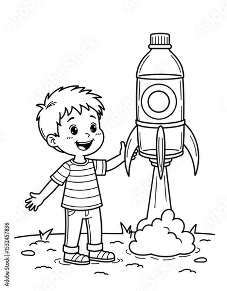 Obraz Young boy launching a bottle rocket in a grassy field - Science Projects and Crafts  