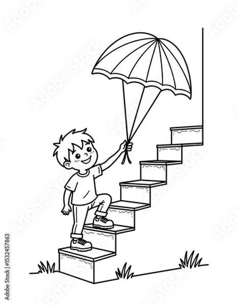 Obraz Boy testing paper parachute while climbing stairs - Science Projects and Crafts  