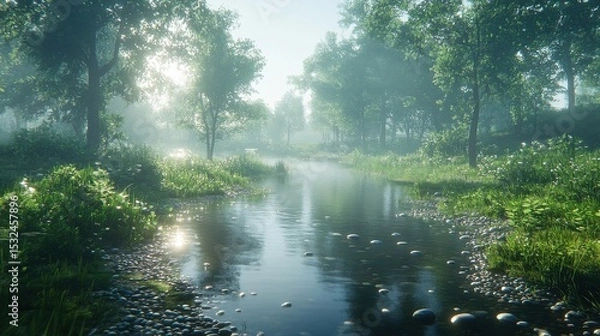 Fototapeta Lush Forest River Scene With Bright Sunlight Reflecting Through Trees
