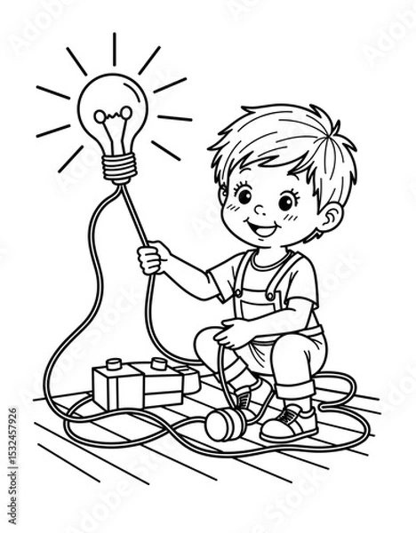 Obraz Boy building a simple circuit with a lightbulb for science projects  