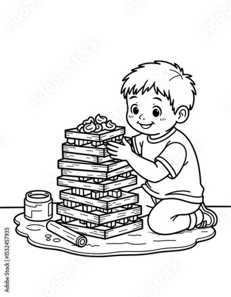 Obraz Boy building tower with sticks and clay for Science Projects and Crafts  