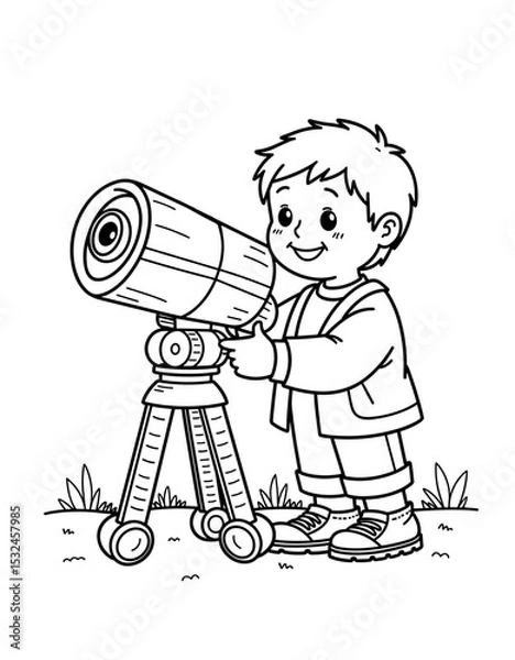 Obraz Young boy making a paper telescope while smiling outdoors - Concept of Back to School - coloring page for kids 5 - 8 years old  