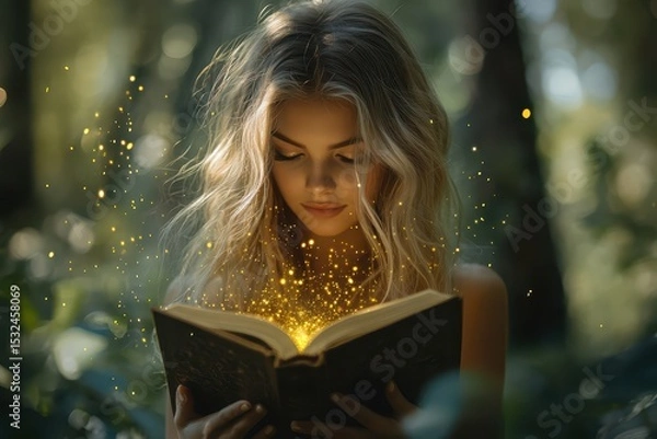 Obraz Blonde woman reading magical book in forest, with golden light. Use for fantasy themes, learning, storytelling, or spiritual concepts.