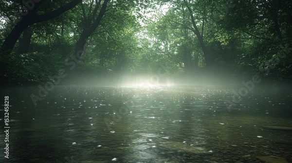 Fototapeta Abstract Forest with Wet Ground and Sunlight in the Background
