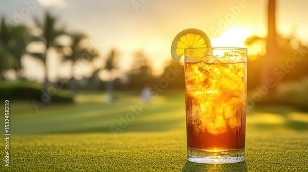 Obraz Iced tea with lemon on a golf course at sunset, vibrant golden light. Use it to promote summer drinks, leisure, or healthy outdoor lifestyle.