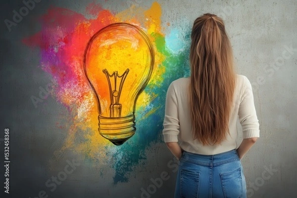 Obraz Woman views a colorful lightbulb drawing on the concrete wall. It symbolizes creativity, bright ideas, and imagination's spark.