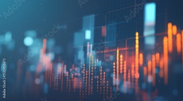 Fototapeta A digital board shows stock market trends in orange and blue bars, contrasting with the blurred cityscape in the background.