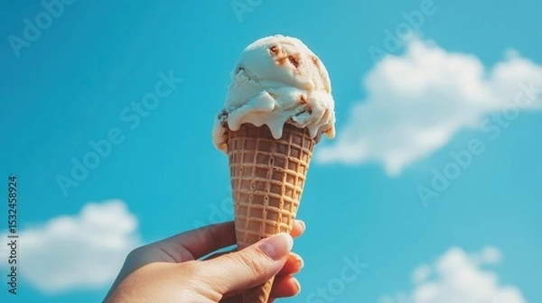 Obraz Hand holds a waffle cone with melting ice cream against a vibrant sky. Use it for summer promotions, food blogs, or a sweet treat concept.