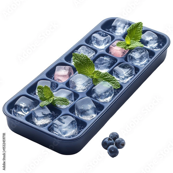 Obraz A tray with ice cubes and mint leaves with blueberries on transparent background