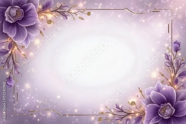 Fototapeta Dark amethyst invitation background with subtle gold shimmer and floral borders in muted purples. 
