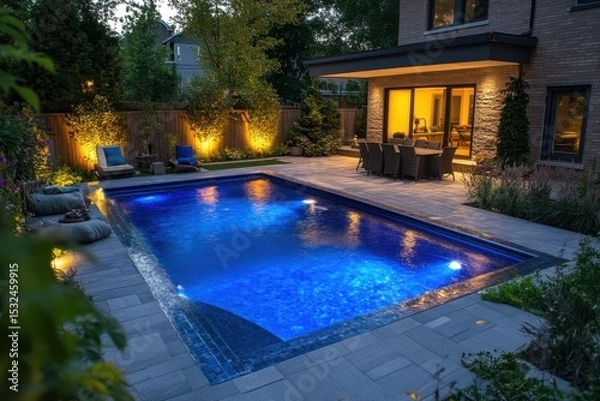 Obraz Beautiful backyard pool glows under the night's sky, very inviting. Use this in articles about outdoor living or home improvement.