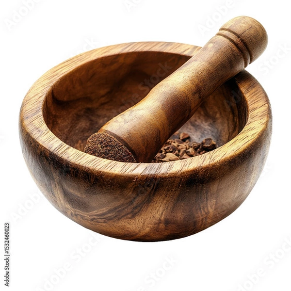 Obraz A wooden mortar and pestle with spices inside the bowl on transparent background