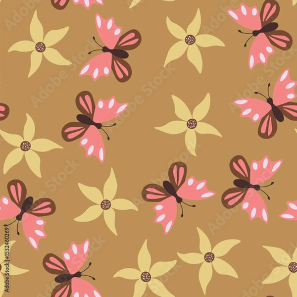Fototapeta Seamless blooming floral pattern based on hand drawn art ornaments. Colorful flowers, leaves, plants on color background. Vector illustration. Simple minimalistic pattern for fabric, textile.
