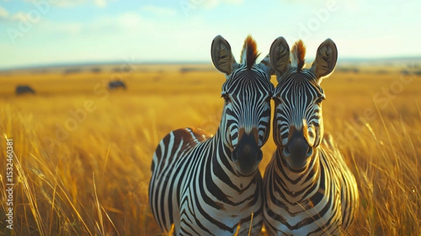 Fototapeta Safari concept. Zebra couple with safari car in african savannah. Masai Mara national park, Kenya