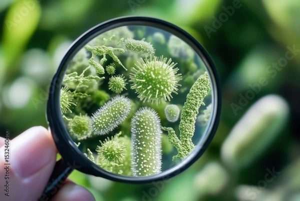 Obraz Magnifying glass shows green bacteria, virus and germs on bright green background. Use for science, medicine, health, research or other illness related concepts.
