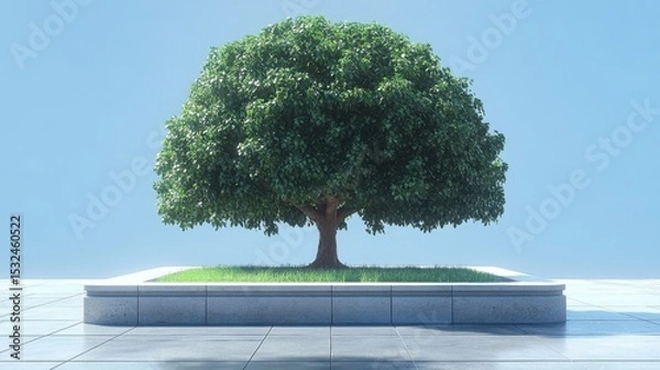 Fototapeta Lonely Green Tree With Leaves On The Platform Under Blue Sky 3D Render