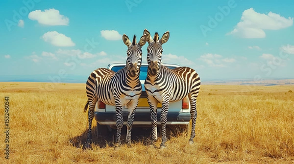 Fototapeta Safari concept. Zebra couple with safari car in african savannah. Masai Mara national park, Kenya