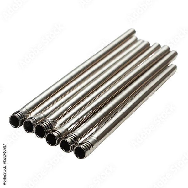 Obraz Metallic tubes arranged diagonally in a studio setting on transparent background