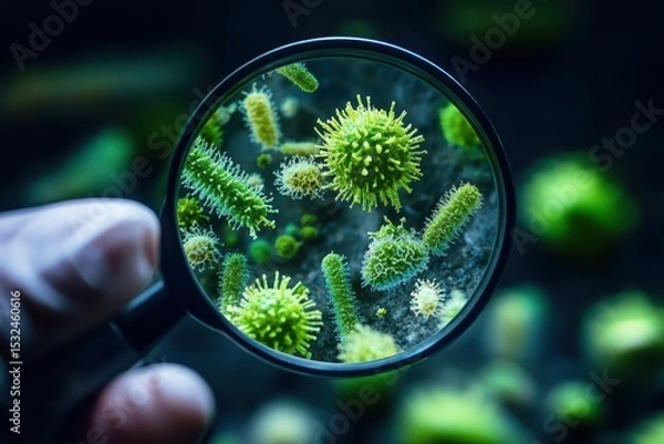 Obraz Close-up shows bacteria and viruses under a magnifying glass, hand holding it. Good for illustrating topics on germs, illness, scientific research, and medicine.